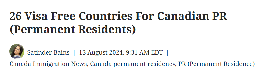 Hidden Benefits Of Canada Permanent Residency (PR): Can Be Exempted From 26 Countries And Regions